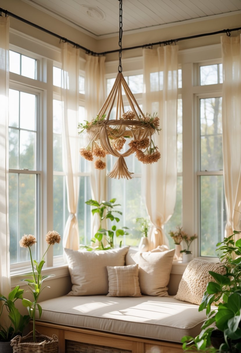 42 Cozy Sunrooms Inspiring Ideas for Relaxing Indoor Spaces 44 A cozy sunroom with large windows, comfortable seating, green plants, and a small natural-material chandelier hanging from the ceiling.