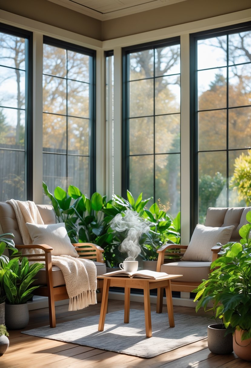 42 Cozy Sunrooms Inspiring Ideas for Relaxing Indoor Spaces 49 A sunroom with large windows, cozy chairs, indoor plants, and a coffee table with a cup and book, showing a comfortable space for relaxation.