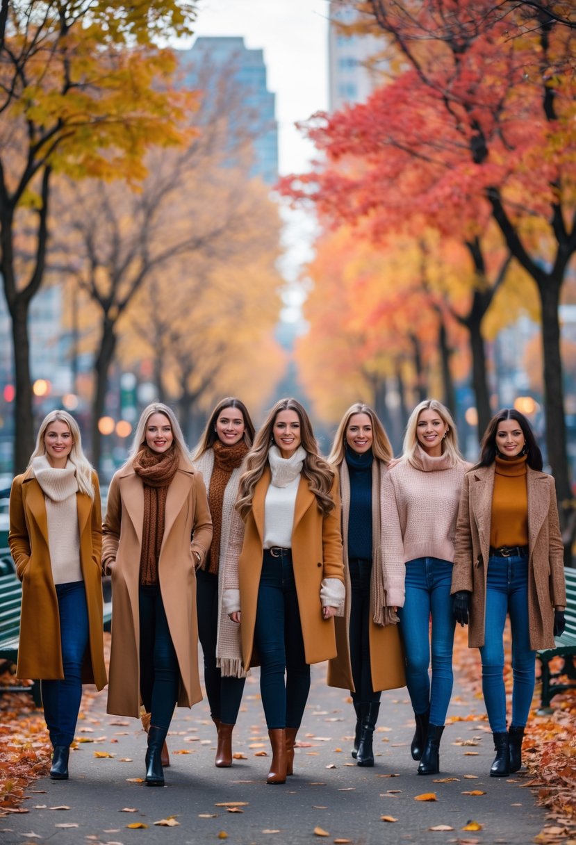 Ten women wearing different fall outfits standing outdoors on a tree-lined path with autumn leaves around them.