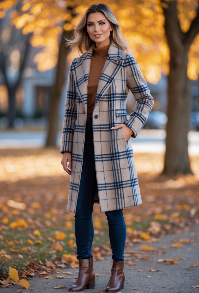 A woman standing outdoors in autumn wearing a plaid coat and leather ankle boots surrounded by fall leaves.