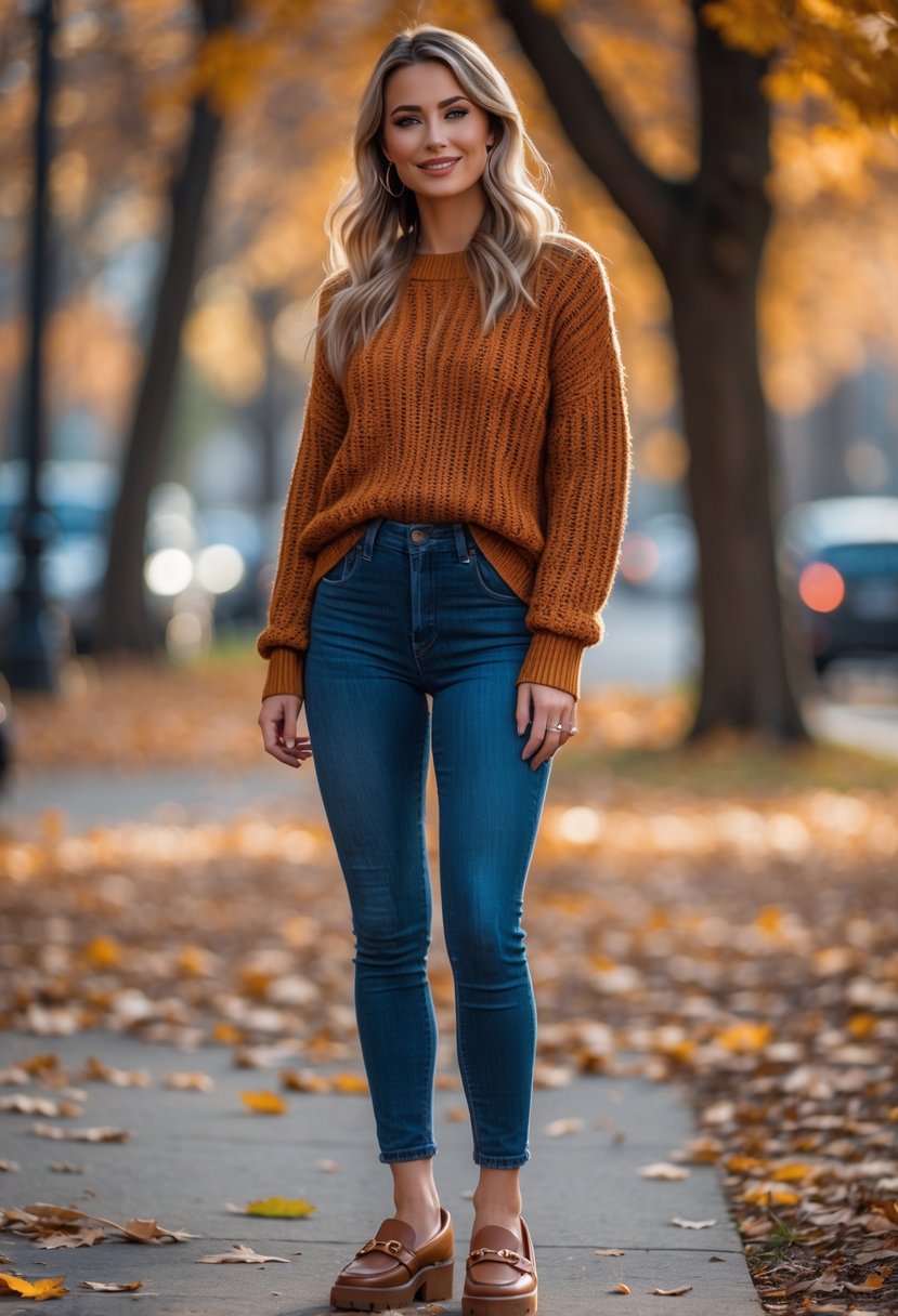 Woman wearing chunky loafers, skinny jeans, and a knit sweater standing outdoors with fallen autumn leaves around.
