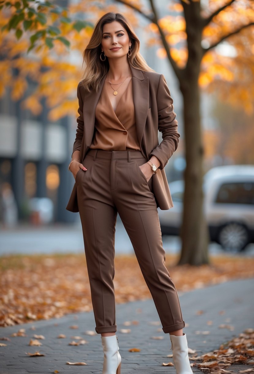 A woman standing outdoors in fall clothing, wearing mocha trousers, a brown blazer, and white ankle boots, surrounded by autumn leaves.
