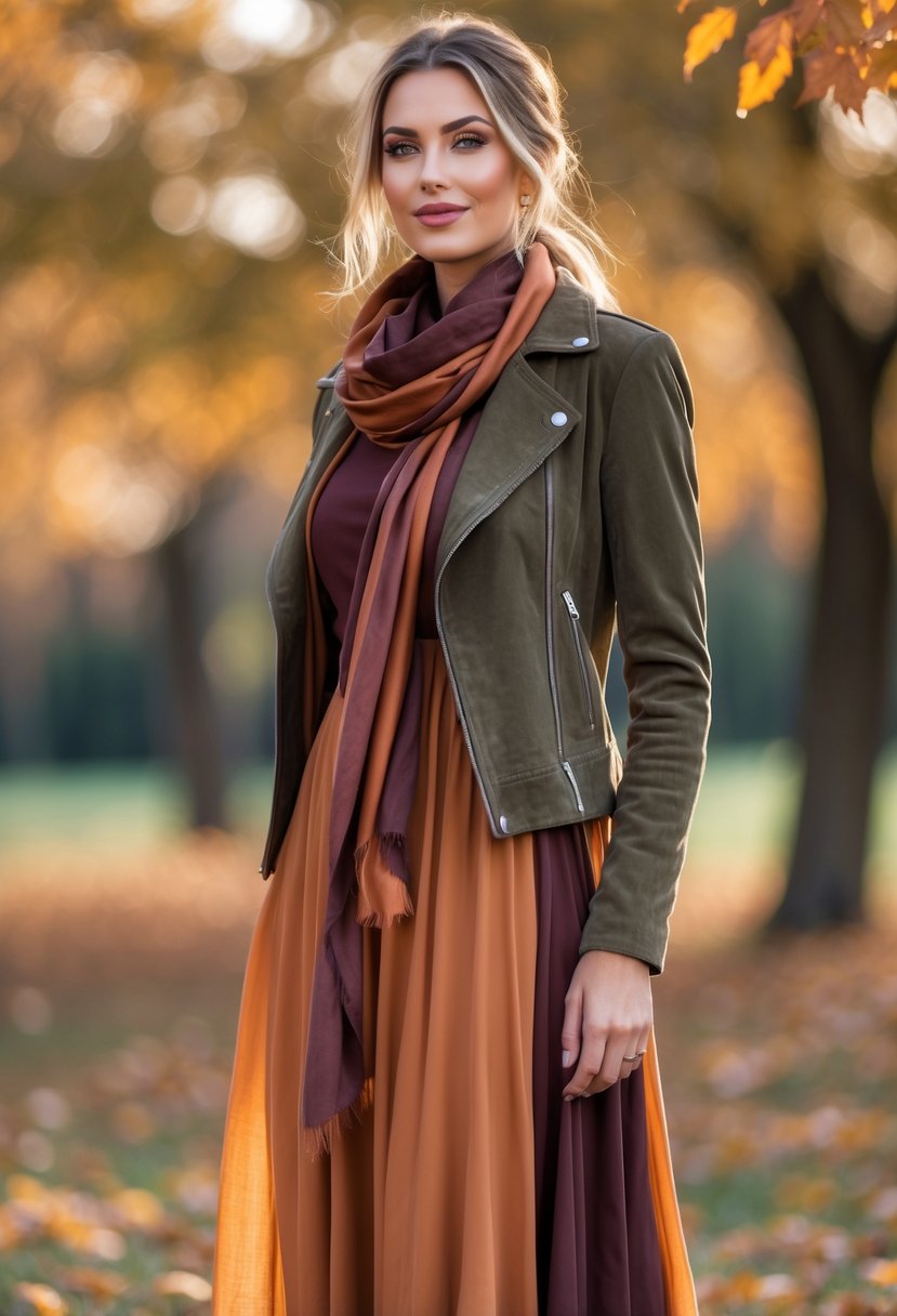 A woman standing outdoors wearing a long dress, scarf, and jacket with fall leaves in the background.