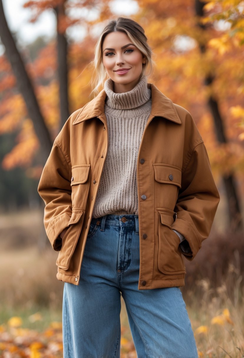 A woman standing outdoors in autumn wearing a barn jacket over a turtleneck and baggy jeans with fall leaves in the background.