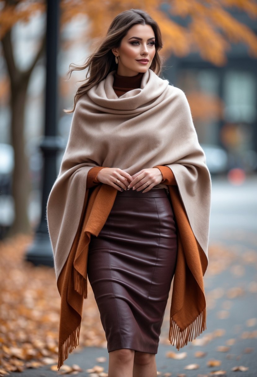 Woman standing outdoors wearing a cashmere shawl and fitted midi skirt in an autumn setting with fallen leaves.