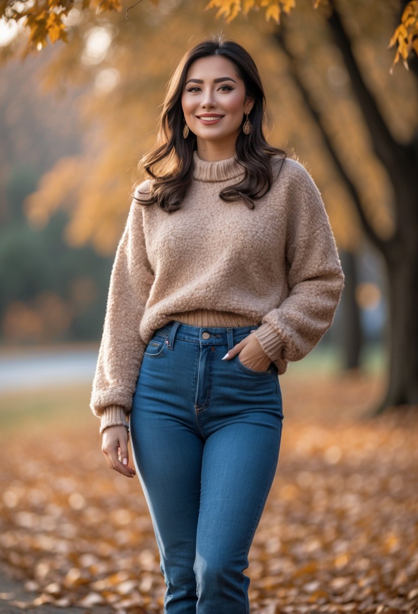 A woman standing outdoors wearing high-waisted jeans, a sweater, and ankle boots with autumn leaves in the background.