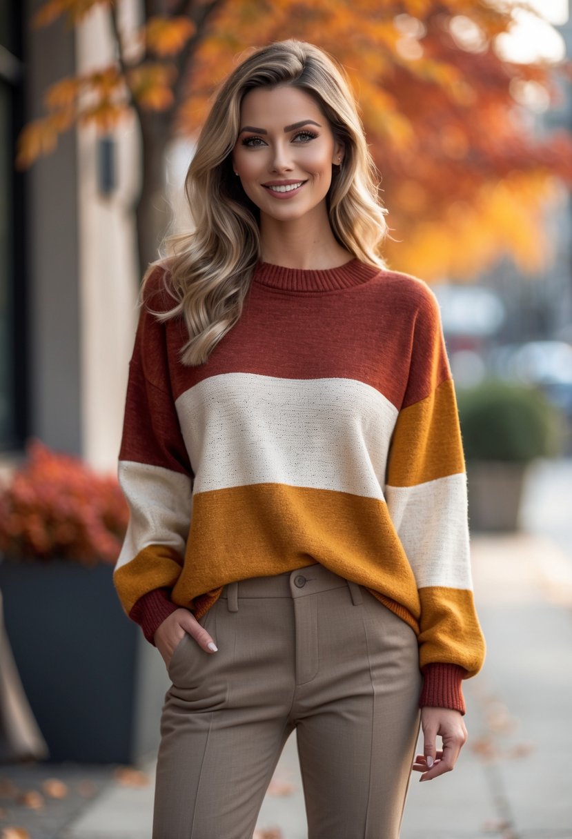 A woman standing outdoors wearing a colorful sweater and straight-leg pants with fall leaves in the background.