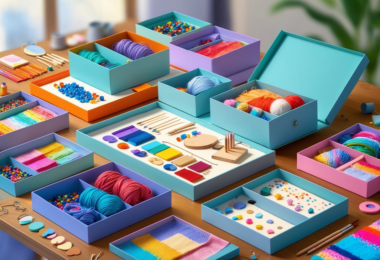 A table displaying various DIY craft kits with materials like yarn, beads, paintbrushes, and fabric, surrounded by colors and shapes representing different personality traits.