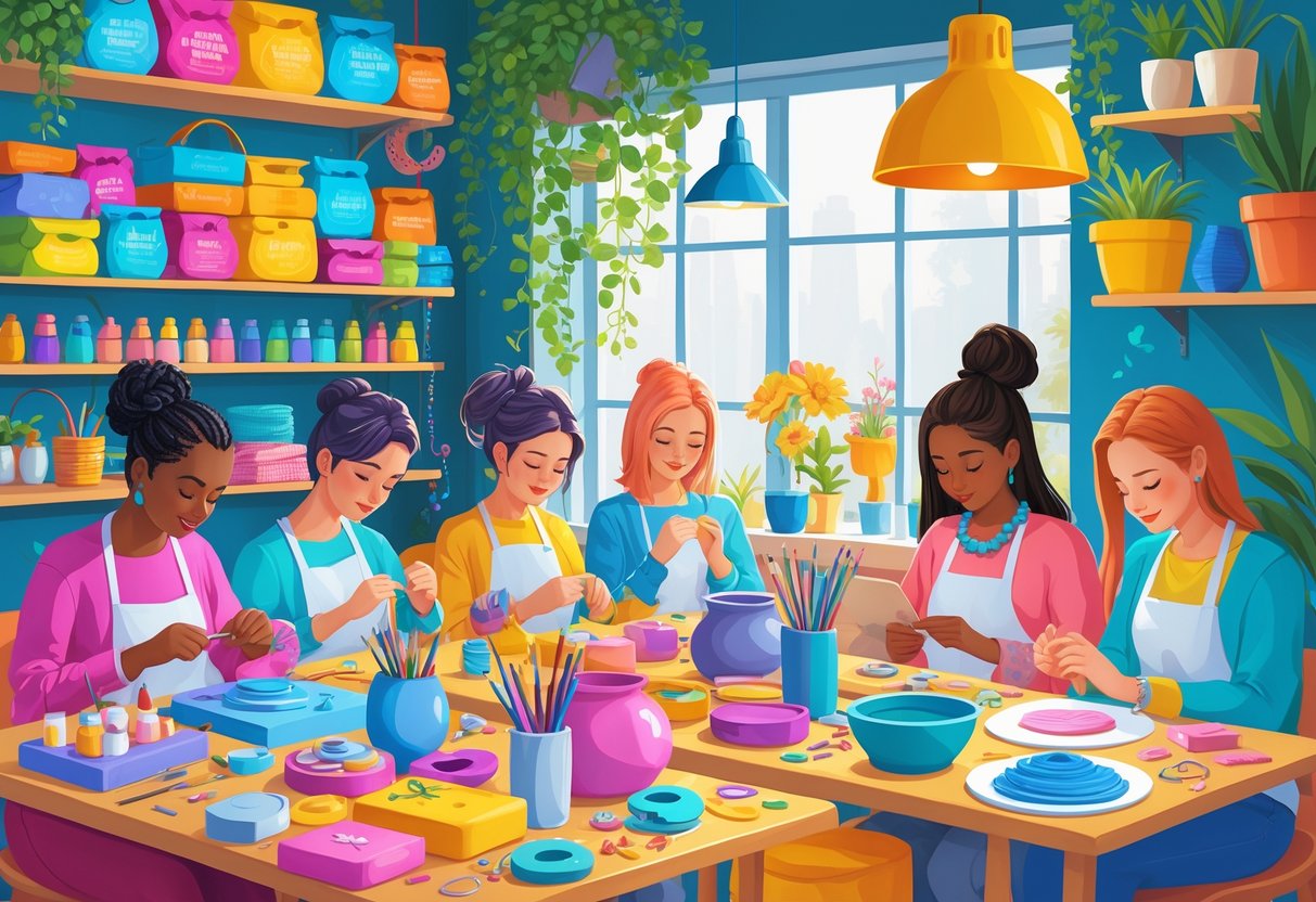 A bright creative workspace with people making crafts using various DIY kits surrounded by colorful materials and tools.