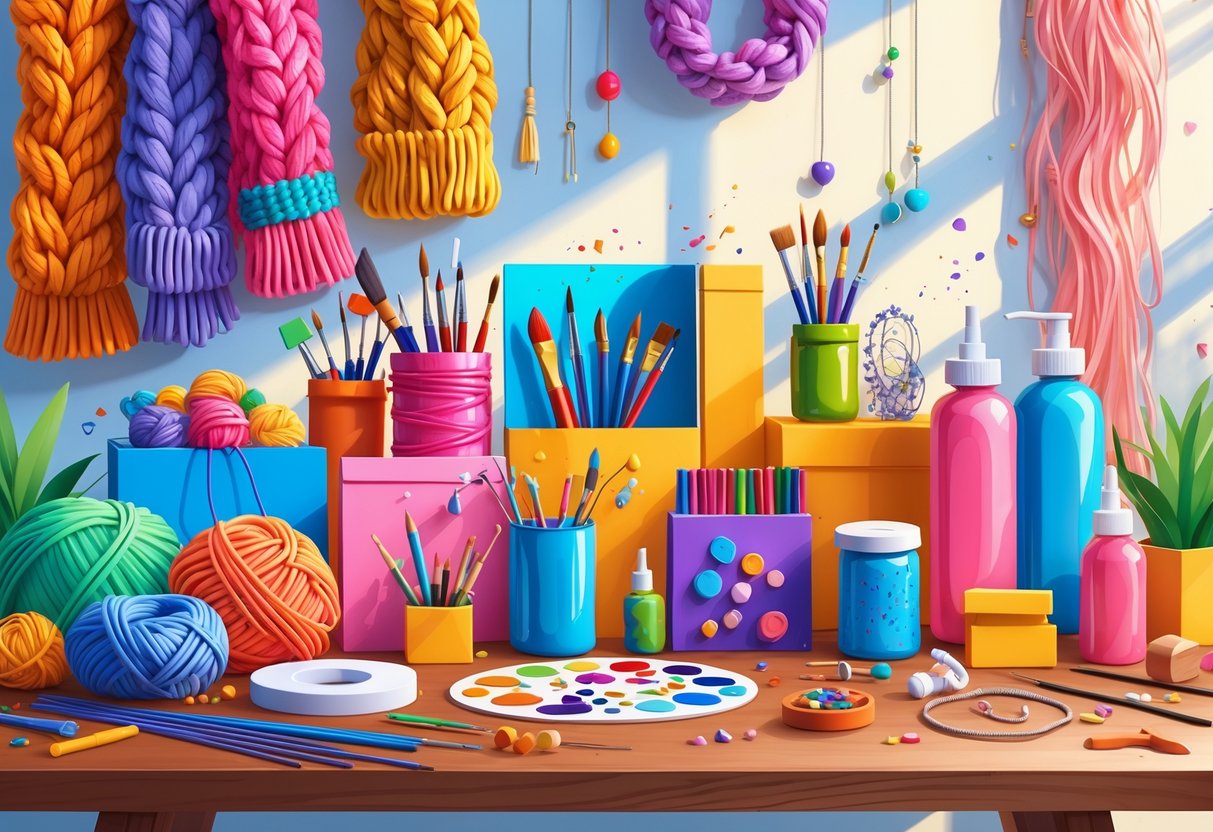 A variety of DIY craft kits including knitting, painting, jewelry making, and model building arranged on a wooden table with related materials and tools.
