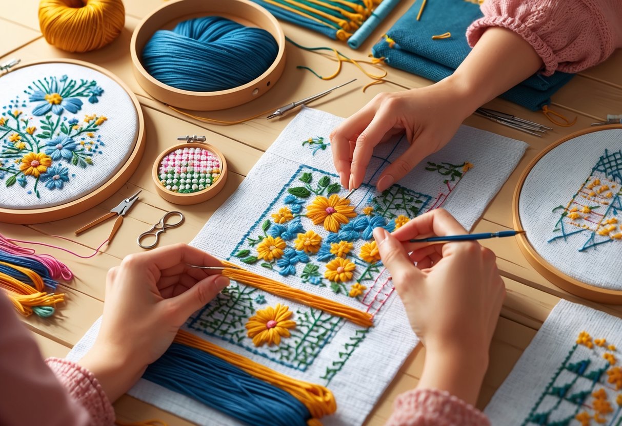 A workspace with embroidery tools, colorful threads, fabric with stitched patterns, and hands working on embroidery and cross-stitch projects.