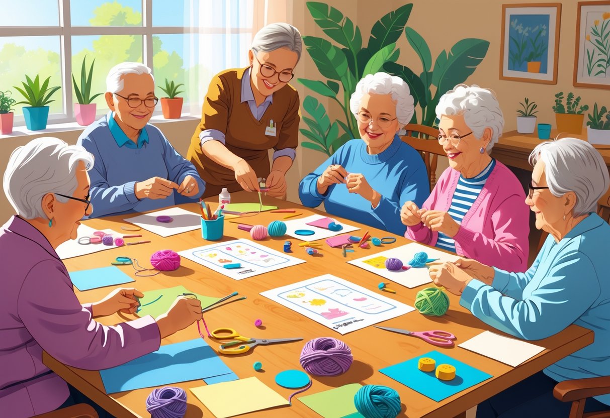 A group of seniors and a caregiver happily working together on crafts around a table filled with colorful supplies in a bright room.