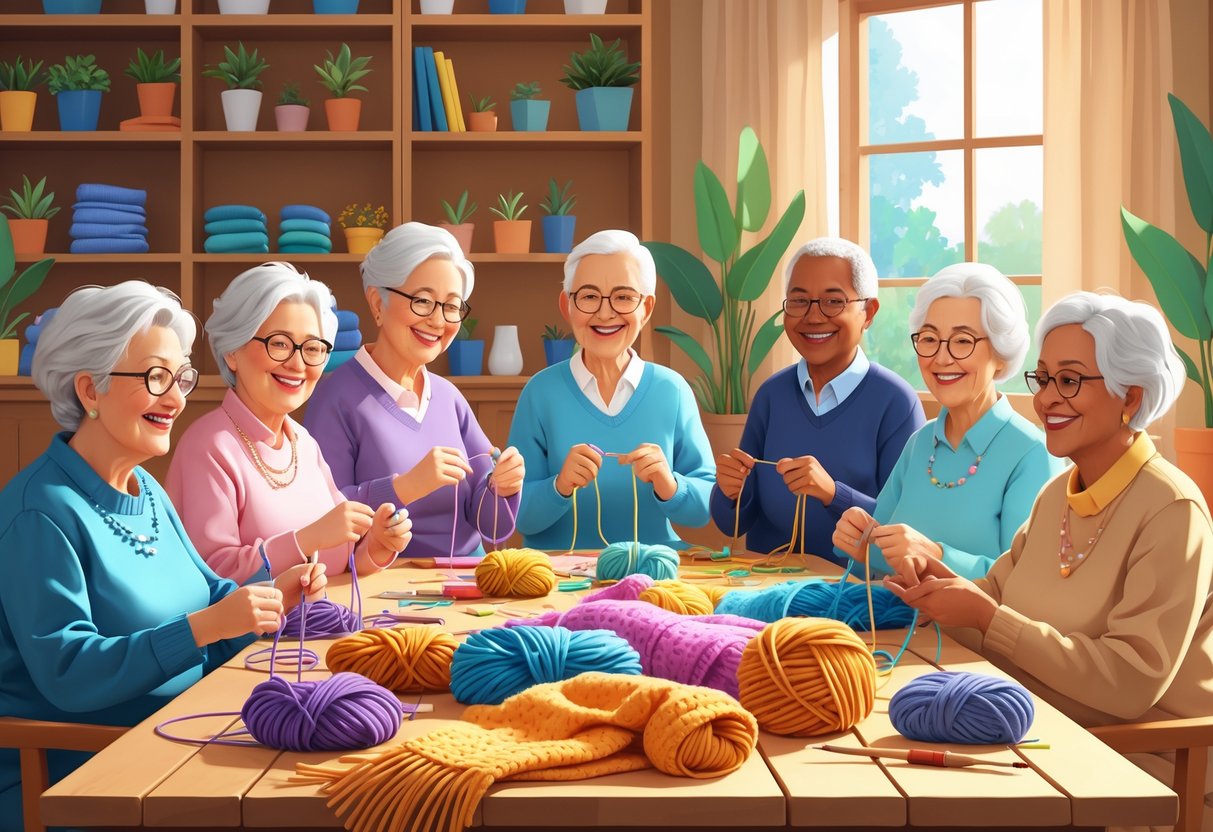 A group of seniors knitting, crocheting, and sewing together around a table filled with yarn and sewing materials in a bright, cozy room.