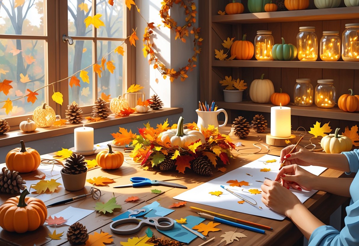 A cozy indoor workspace with hands making seasonal DIY decorations using leaves, pumpkins, pine cones, and crafting supplies on a wooden table.