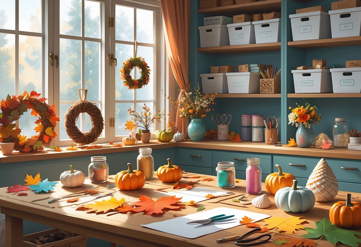 A craft table filled with seasonal DIY decor materials and handmade decorations representing different seasons.