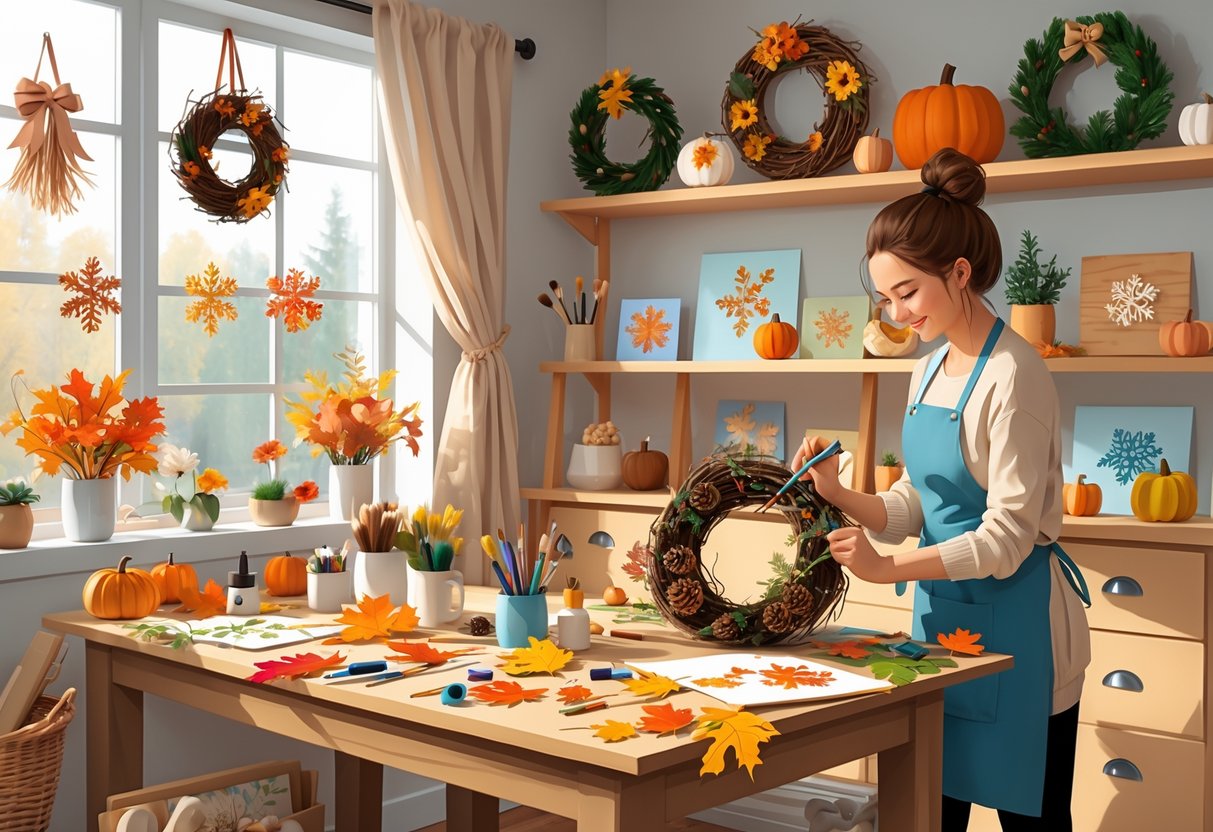 A cozy craft room with a person painting a seasonal wreath surrounded by various DIY decor materials and finished decorations for different seasons.