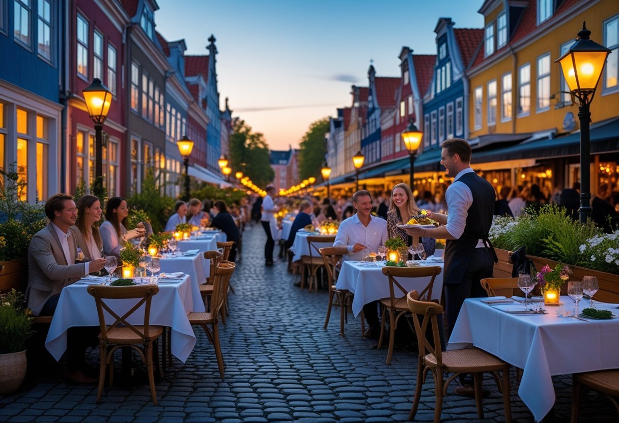 People dining outdoors at tables along a cobblestone street in Copenhagen near a canal during sunset.