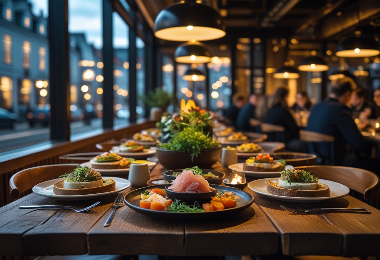 A cozy Danish restaurant interior with a wooden table set with traditional Danish dishes and people dining in the background.