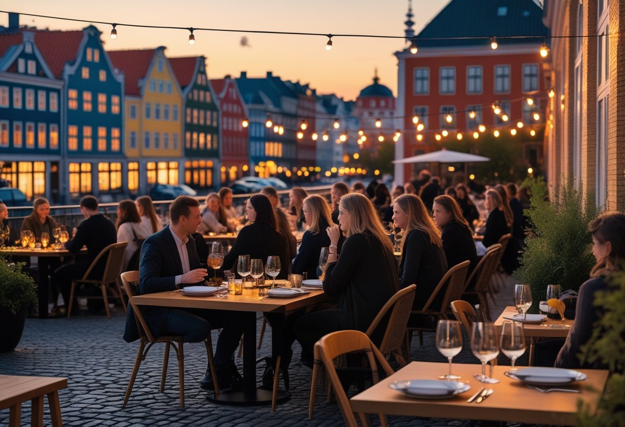People enjoying dinner outdoors on a restaurant terrace in Copenhagen with colorful buildings and warm lighting in the background.