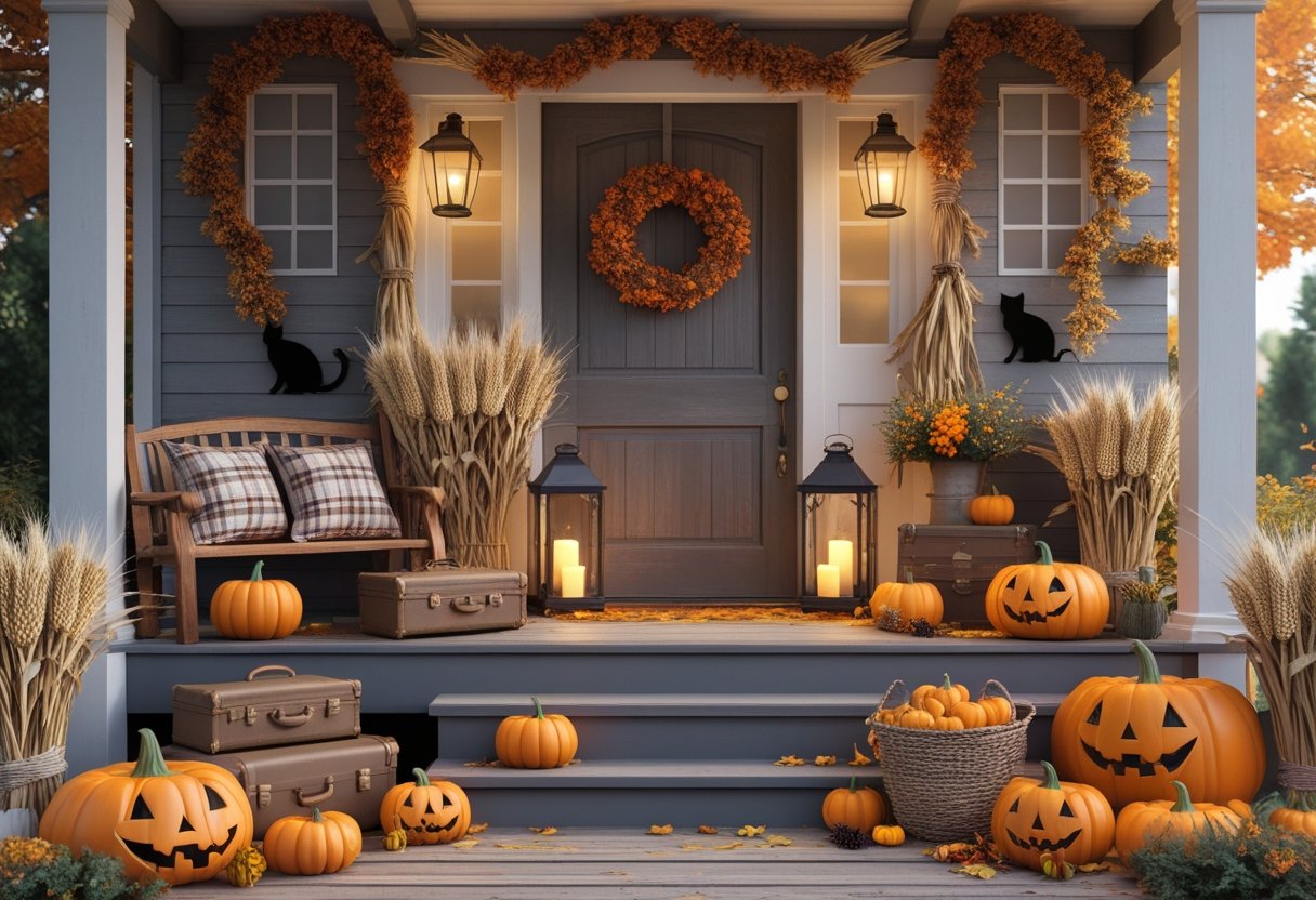 32 Farmhouse Halloween Decor Ideas 2025: Rustic Autumn Decorations for a Cozy Seasonal Home 2 A farmhouse porch decorated for Halloween with pumpkins, dried corn stalks, lanterns, and autumn foliage.