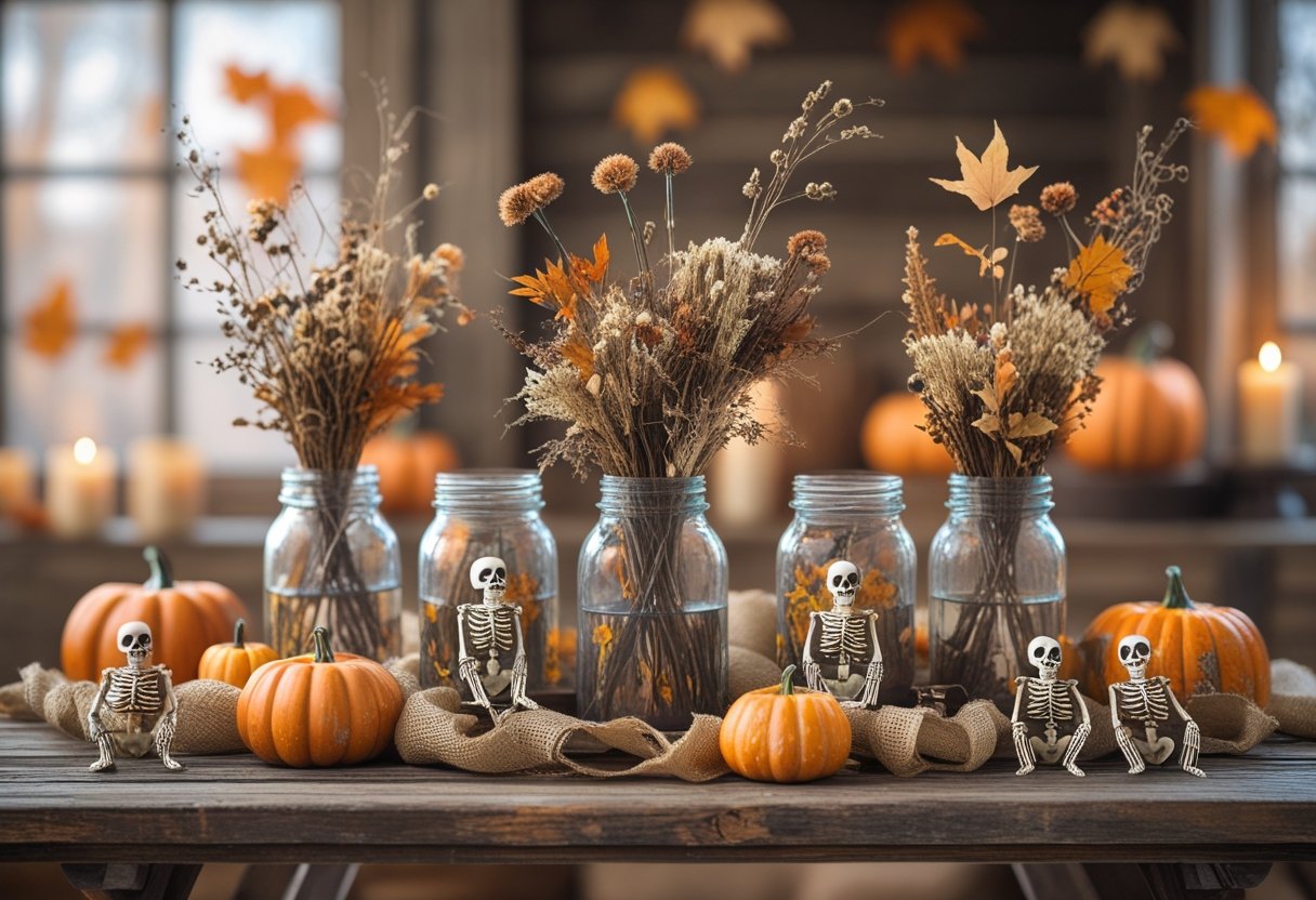 32 Farmhouse Halloween Decor Ideas 2025: Rustic Autumn Decorations for a Cozy Seasonal Home 3 A rustic Halloween centerpiece on a wooden table with mason jars filled with dried flowers and small skeleton figurines surrounded by autumn decorations.