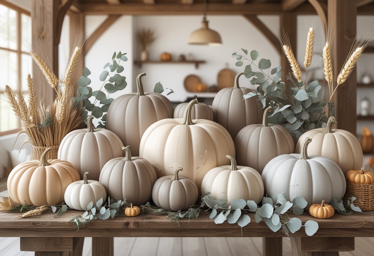 32 Farmhouse Halloween Decor Ideas 2025: Rustic Autumn Decorations for a Cozy Seasonal Home 4 A farmhouse table with neutral-colored pumpkins and autumn decorations including dried wheat and eucalyptus branches.