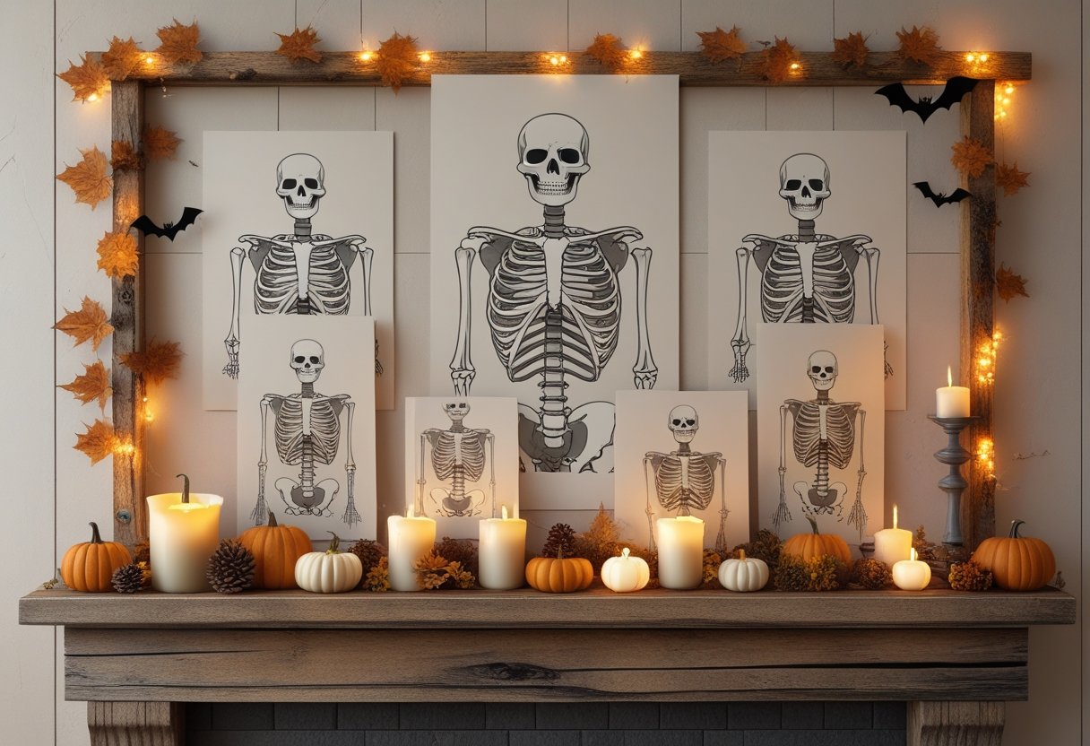 32 Farmhouse Halloween Decor Ideas 2025: Rustic Autumn Decorations for a Cozy Seasonal Home 6 A farmhouse mantel decorated with layered skeleton prints, pumpkins, dried leaves, candles, and subtle Halloween decorations.