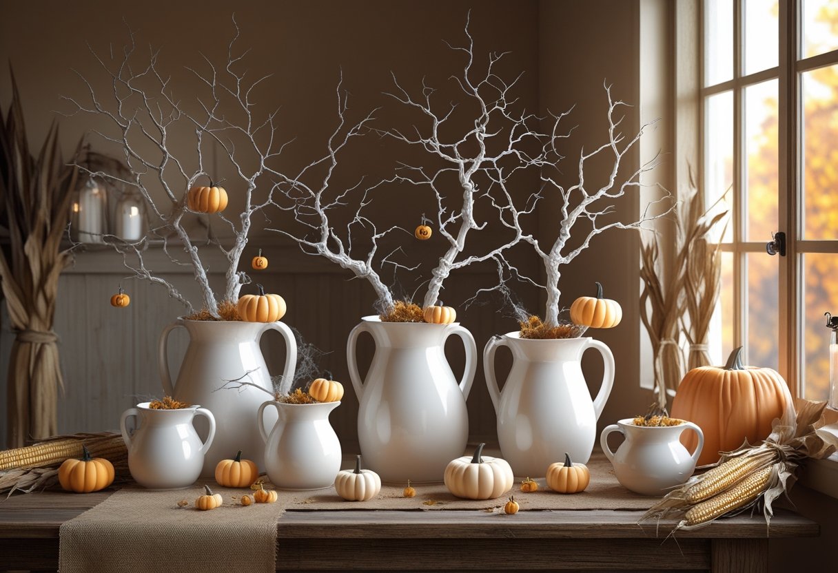 32 Farmhouse Halloween Decor Ideas 2025: Rustic Autumn Decorations for a Cozy Seasonal Home 7 A farmhouse table with white pitchers holding bare branches decorated for Halloween, surrounded by autumnal decorations.