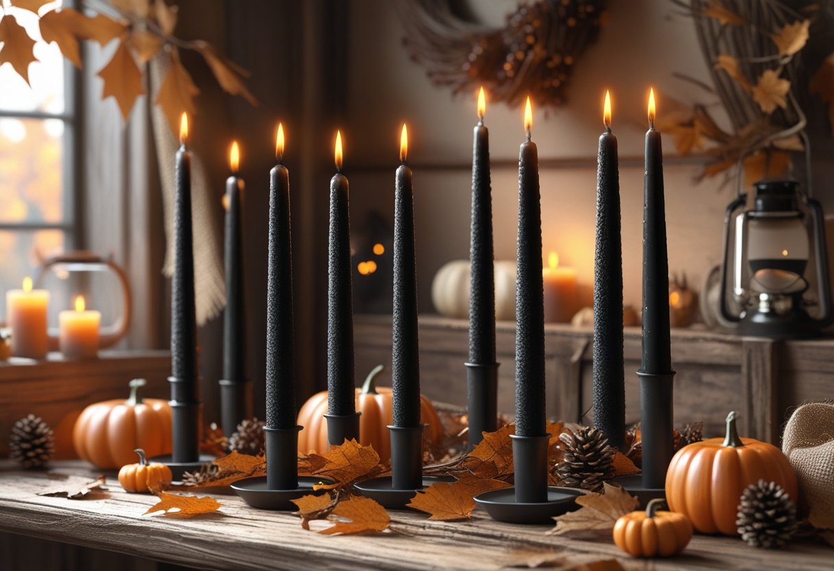 32 Farmhouse Halloween Decor Ideas 2025: Rustic Autumn Decorations for a Cozy Seasonal Home 8 Black taper candles with natural textures on a rustic wooden table surrounded by autumn leaves, pumpkins, and farmhouse Halloween decorations.