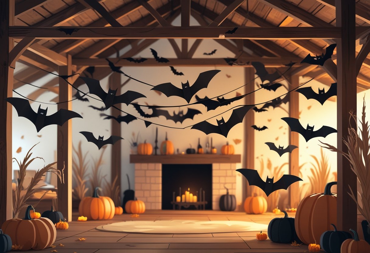 32 Farmhouse Halloween Decor Ideas 2025: Rustic Autumn Decorations for a Cozy Seasonal Home 9 Paper bats hanging from wooden beams inside a farmhouse decorated for Halloween.