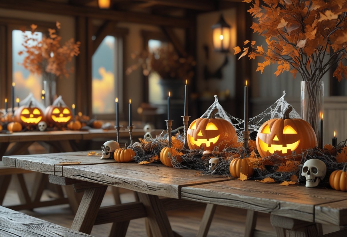 32 Farmhouse Halloween Decor Ideas 2025: Rustic Autumn Decorations for a Cozy Seasonal Home 10 Wooden farmhouse tables decorated with Halloween centerpieces including pumpkins, candles, leaves, and skulls in a cozy indoor setting.