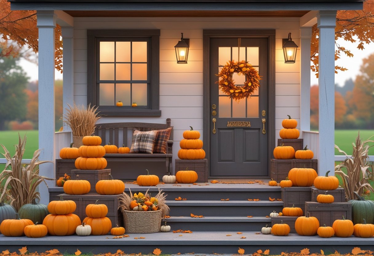 32 Farmhouse Halloween Decor Ideas 2025: Rustic Autumn Decorations for a Cozy Seasonal Home 11 Front porch of a farmhouse decorated with stacks of pumpkins, autumn leaves, lanterns, and fall-themed decorations.