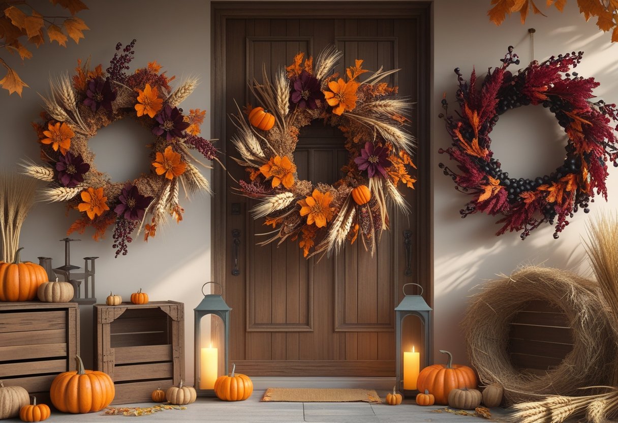 32 Farmhouse Halloween Decor Ideas 2025: Rustic Autumn Decorations for a Cozy Seasonal Home 12 A collection of dried flower Halloween wreaths with pumpkins and autumn leaves displayed on wooden doors in a farmhouse setting.