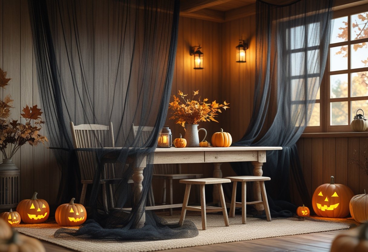 32 Farmhouse Halloween Decor Ideas 2025: Rustic Autumn Decorations for a Cozy Seasonal Home 13 A farmhouse interior with black netting draped over wooden furniture and Halloween decorations like pumpkins and lanterns.