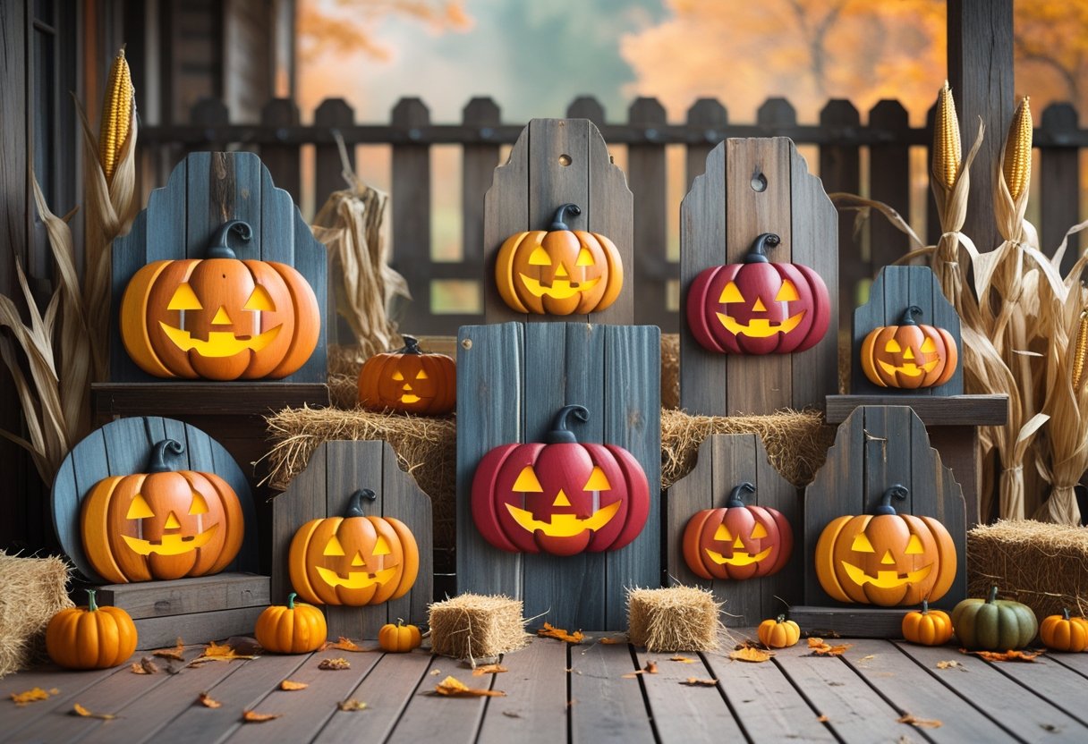 32 Farmhouse Halloween Decor Ideas 2025: Rustic Autumn Decorations for a Cozy Seasonal Home 14 Rustic wooden pumpkin signs displayed on a farmhouse porch surrounded by autumn decorations like hay bales, corn stalks, and gourds.