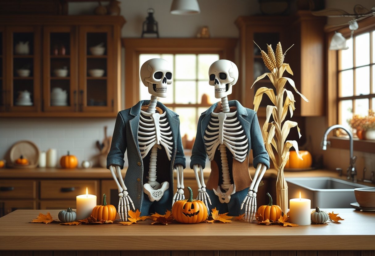 32 Farmhouse Halloween Decor Ideas 2025: Rustic Autumn Decorations for a Cozy Seasonal Home 15 A skeleton couple figurines displayed on a wooden kitchen countertop surrounded by autumn decorations in a farmhouse kitchen.