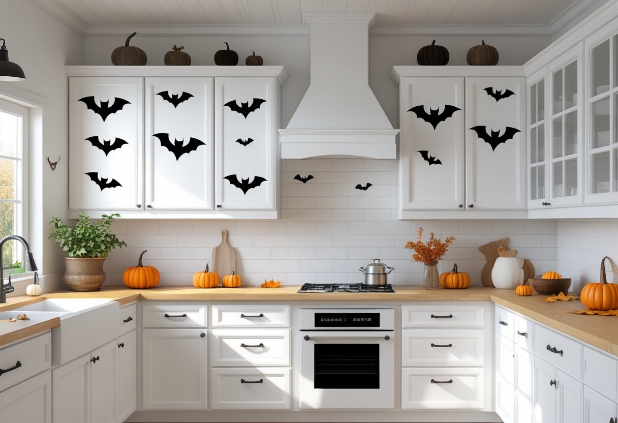 32 Farmhouse Halloween Decor Ideas 2025: Rustic Autumn Decorations for a Cozy Seasonal Home 16 White kitchen cabinets decorated with black bat decals and autumn-themed accents for Halloween.