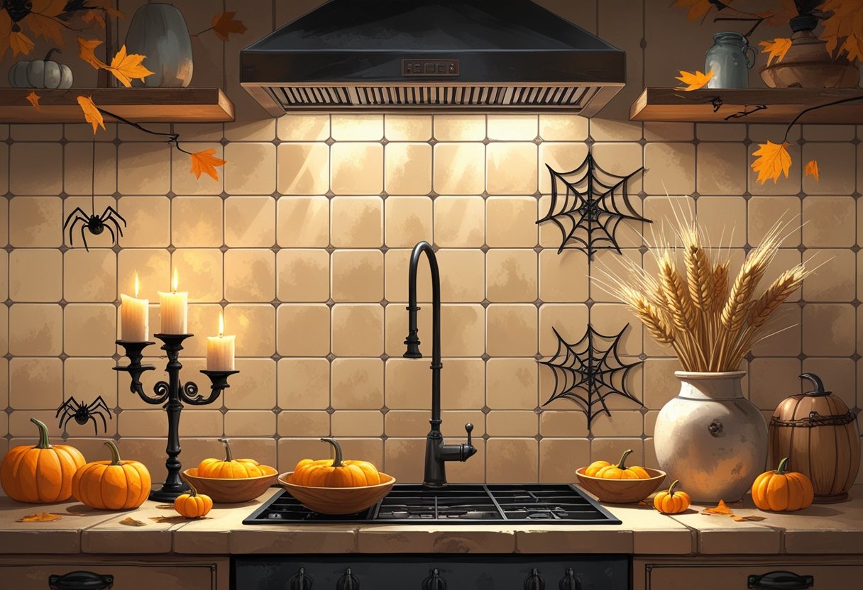 32 Farmhouse Halloween Decor Ideas 2025: Rustic Autumn Decorations for a Cozy Seasonal Home 17 A farmhouse kitchen with a beige tile backsplash decorated with pumpkins, autumn leaves, candles, and rustic Halloween decorations.