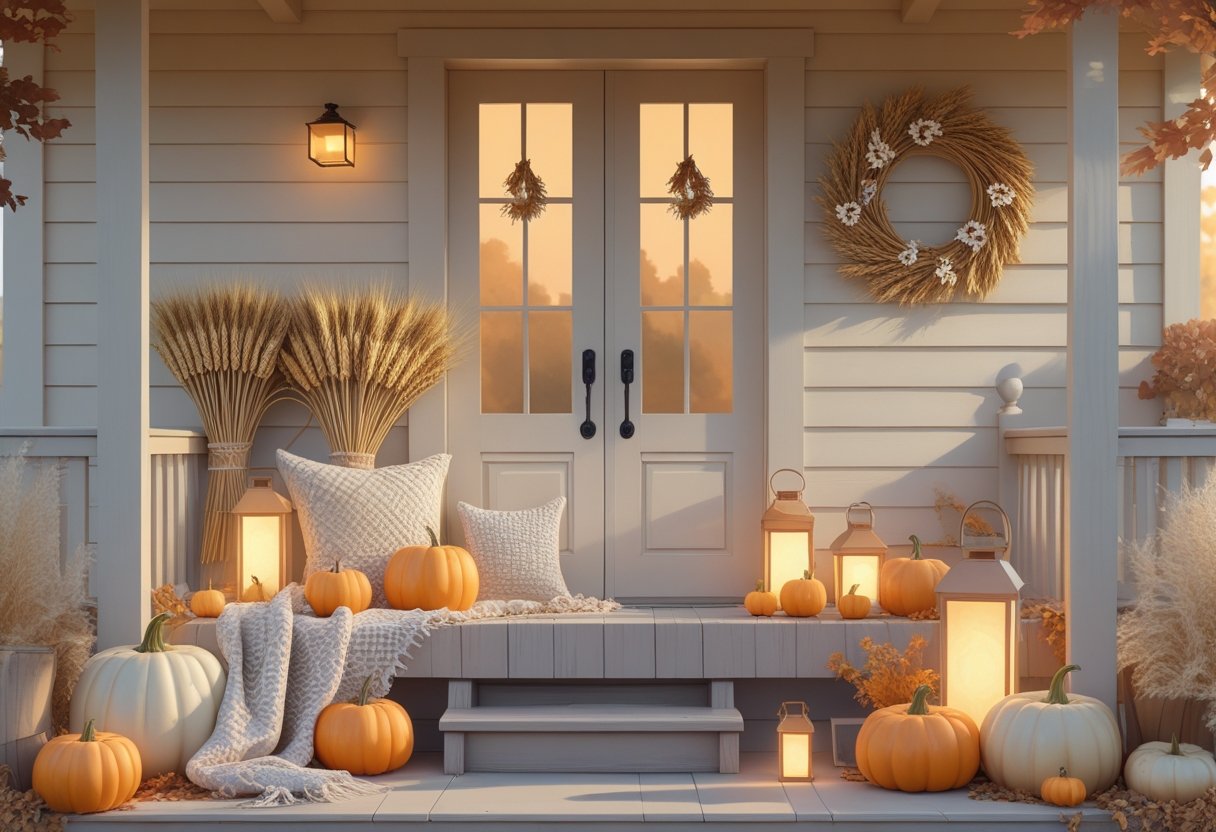 32 Farmhouse Halloween Decor Ideas 2025: Rustic Autumn Decorations for a Cozy Seasonal Home 18 A cozy farmhouse porch decorated with pumpkins, lanterns, dried wheat, and a wreath on the door in neutral autumn colors.