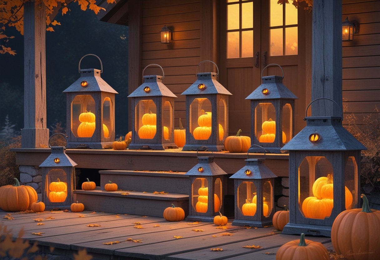 32 Farmhouse Halloween Decor Ideas 2025: Rustic Autumn Decorations for a Cozy Seasonal Home 19 A wooden porch with rustic lanterns glowing with pumpkin-shaped lights, surrounded by pumpkins and autumn leaves in front of a farmhouse.