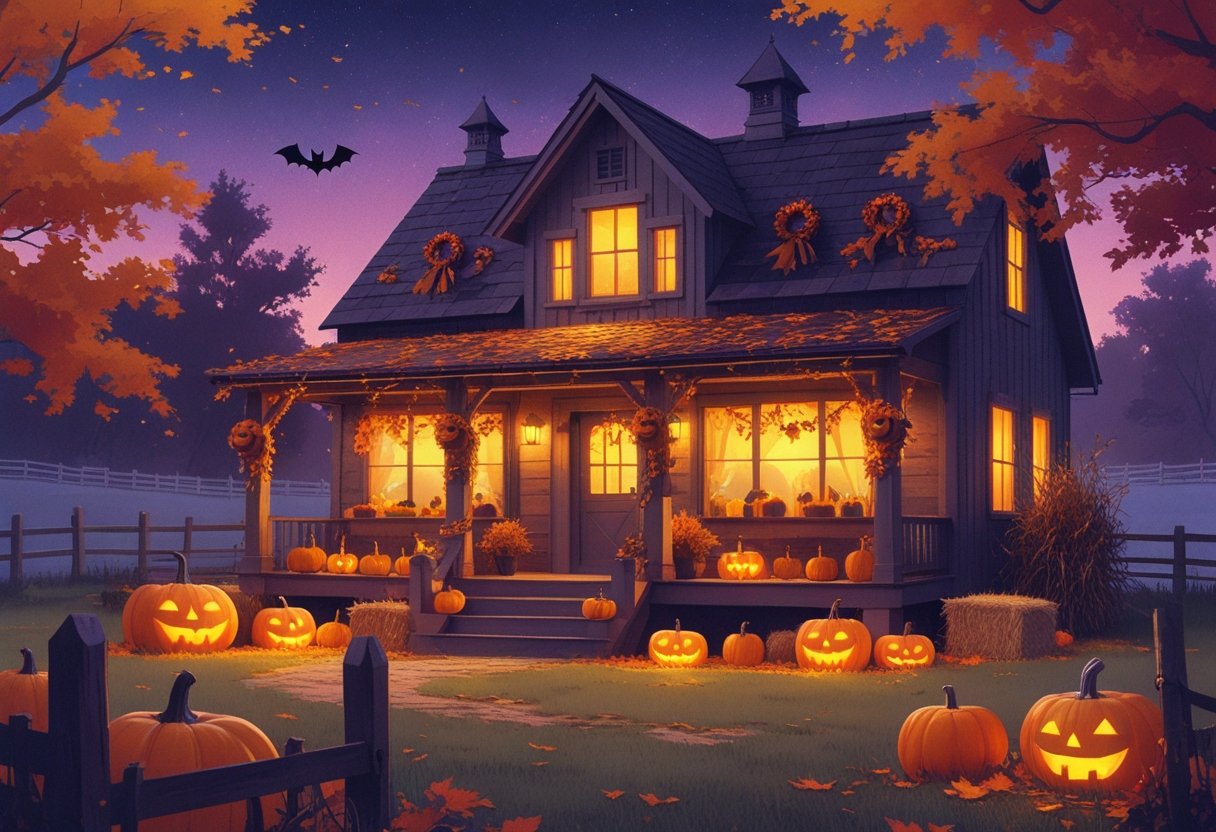 32 Farmhouse Halloween Decor Ideas 2025: Rustic Autumn Decorations for a Cozy Seasonal Home 20 A cozy farmhouse decorated with pumpkins, corn stalks, hay bales, and autumn leaves under a twilight sky.