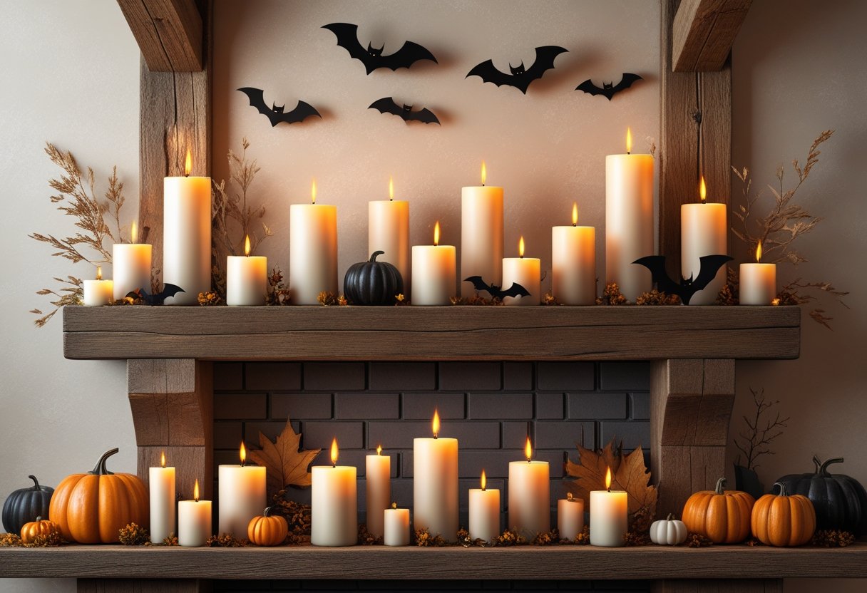 32 Farmhouse Halloween Decor Ideas 2025: Rustic Autumn Decorations for a Cozy Seasonal Home 21 A farmhouse mantel decorated for Halloween with lit candles, black bats, pumpkins, and autumn leaves.