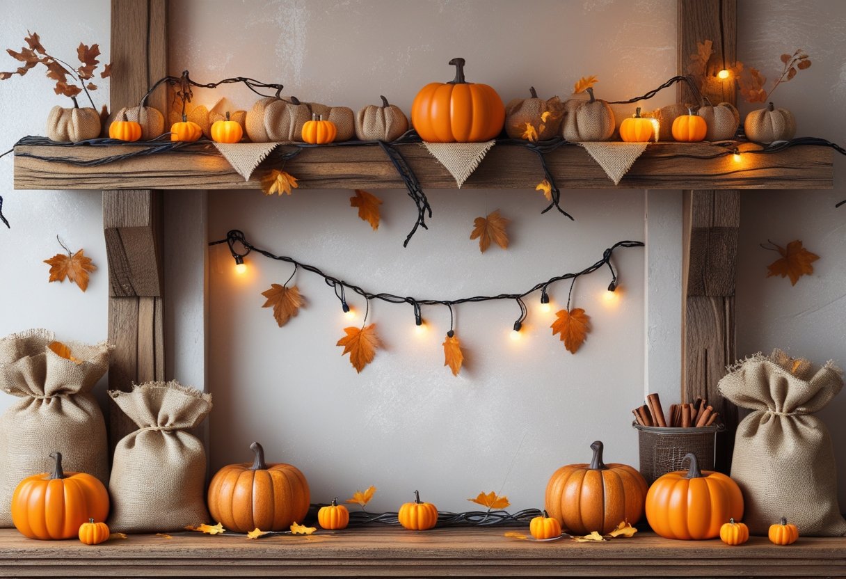 32 Farmhouse Halloween Decor Ideas 2025: Rustic Autumn Decorations for a Cozy Seasonal Home 22 A Halloween garland made of wooden pumpkins, dried orange slices, cinnamon sticks, and twine hanging across a wooden beam in a cozy farmhouse setting.