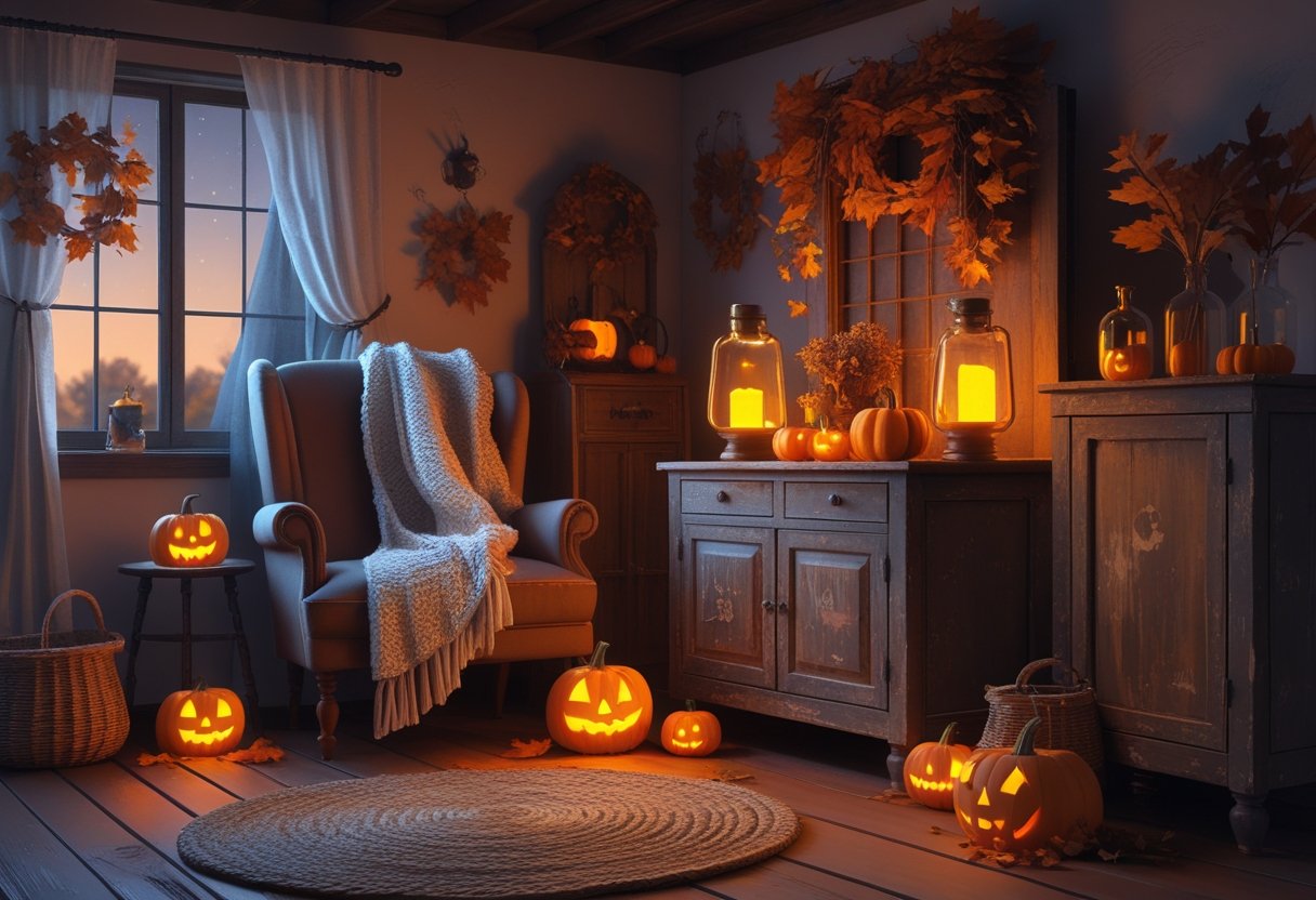 32 Farmhouse Halloween Decor Ideas 2025: Rustic Autumn Decorations for a Cozy Seasonal Home 23 A cozy farmhouse room decorated for Halloween with vintage furniture, pumpkins, candles, and autumn leaves.