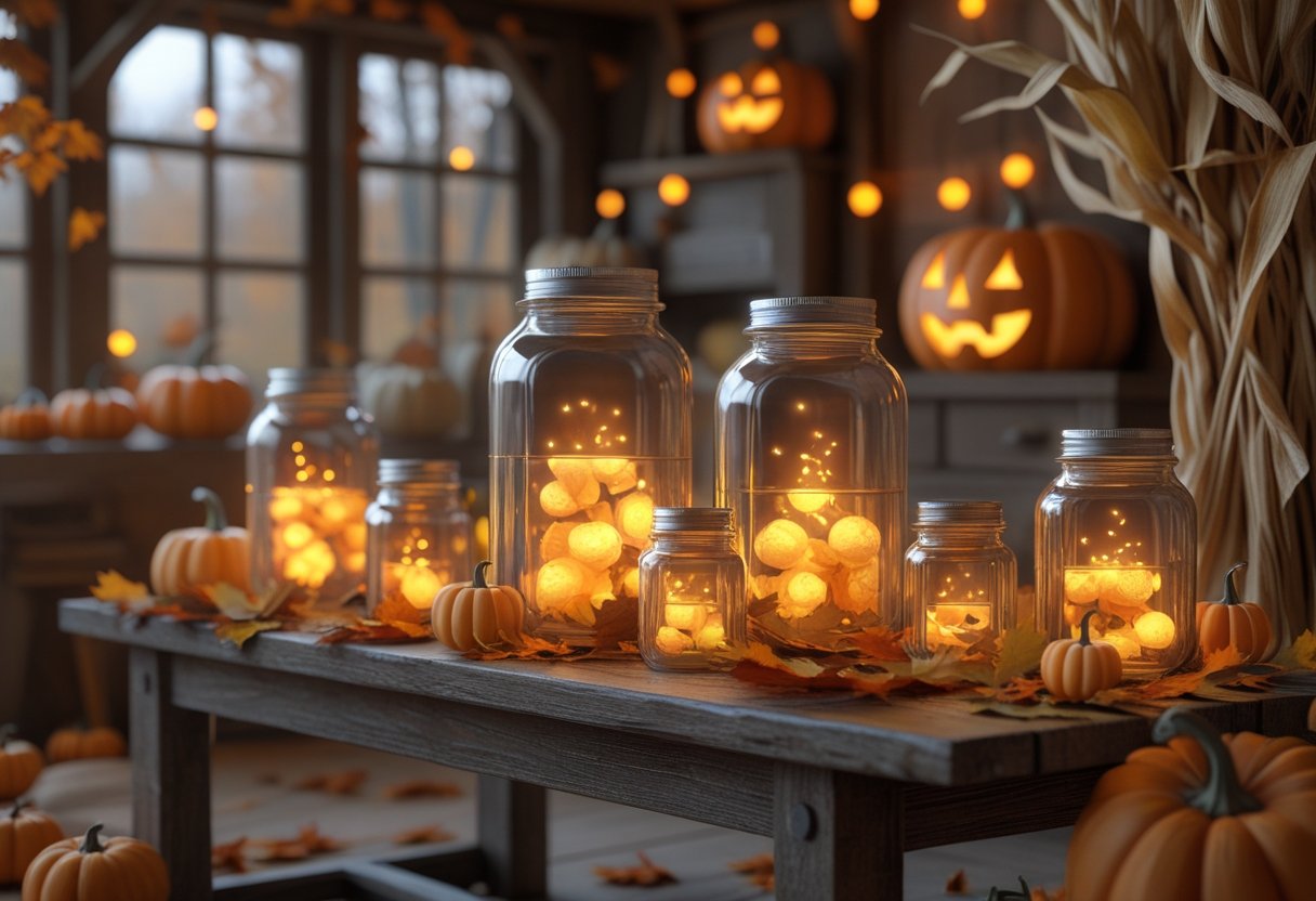 32 Farmhouse Halloween Decor Ideas 2025: Rustic Autumn Decorations for a Cozy Seasonal Home 24 Mason jar lanterns with flickering lights arranged on a wooden table surrounded by pumpkins and autumn leaves in a farmhouse setting.