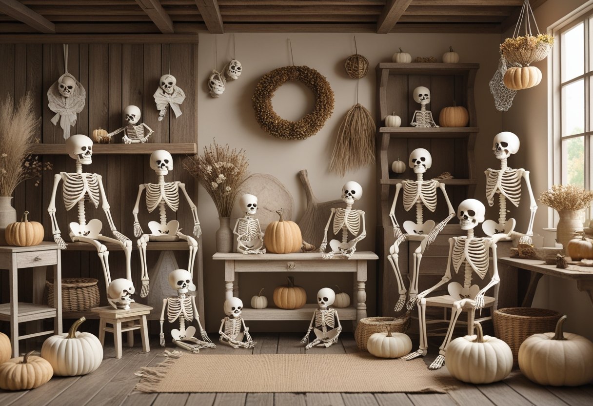 32 Farmhouse Halloween Decor Ideas 2025: Rustic Autumn Decorations for a Cozy Seasonal Home 25 A farmhouse interior decorated with neutral-toned rustic skeleton decorations and autumn elements like pumpkins and dried flowers.