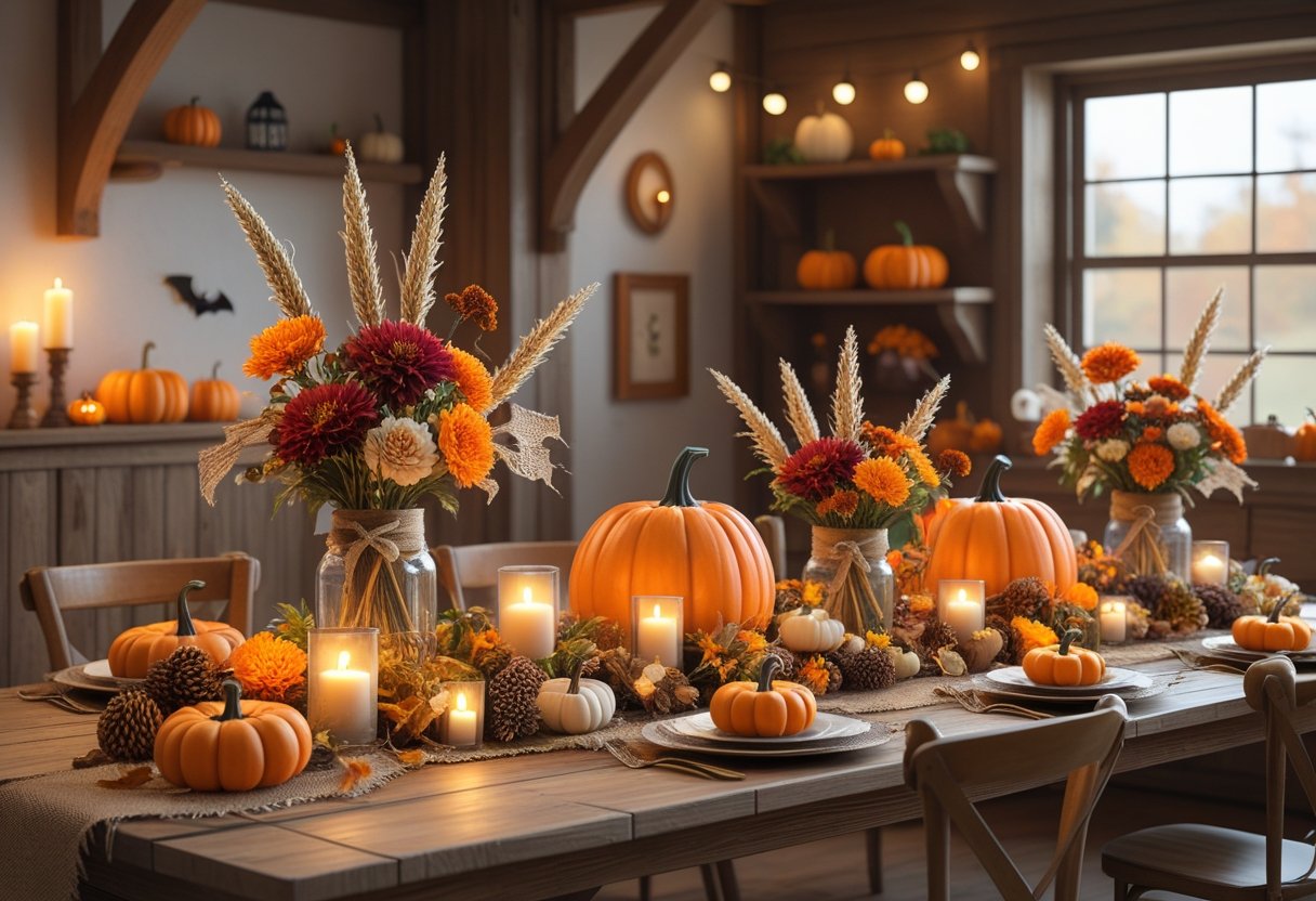 32 Farmhouse Halloween Decor Ideas 2025: Rustic Autumn Decorations for a Cozy Seasonal Home 26 A farmhouse dining table decorated with 32 different Halloween centerpieces featuring pumpkins, autumn flowers, candles, and rustic natural elements.