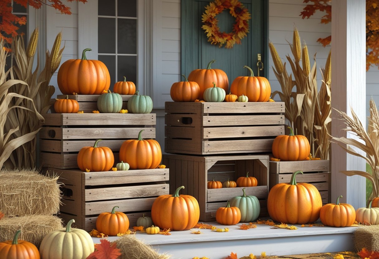 32 Farmhouse Halloween Decor Ideas 2025: Rustic Autumn Decorations for a Cozy Seasonal Home 27 Rustic wooden crates filled with pumpkins arranged outdoors with autumn leaves and fall decorations.
