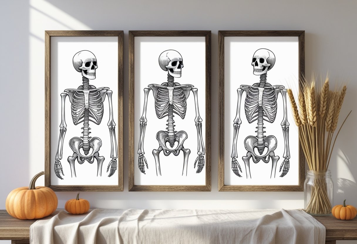 32 Farmhouse Halloween Decor Ideas 2025: Rustic Autumn Decorations for a Cozy Seasonal Home 28 Four framed black and white skeleton illustrations arranged on a farmhouse wall with rustic decor elements like a pumpkin and dried wheat stalks nearby.