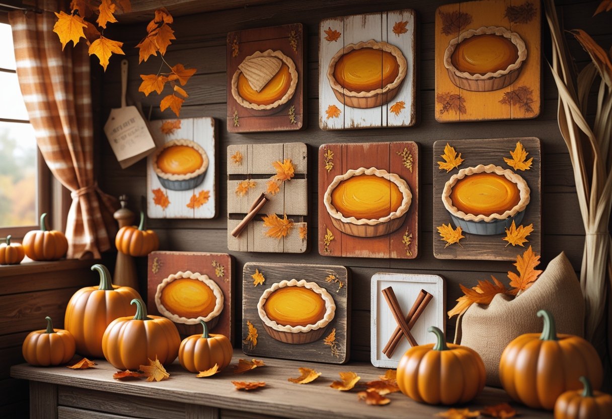 32 Farmhouse Halloween Decor Ideas 2025: Rustic Autumn Decorations for a Cozy Seasonal Home 31 A cozy farmhouse wall decorated with rustic wooden signs featuring illustrations of pumpkin pies, surrounded by pumpkins, autumn leaves, and harvest decor.